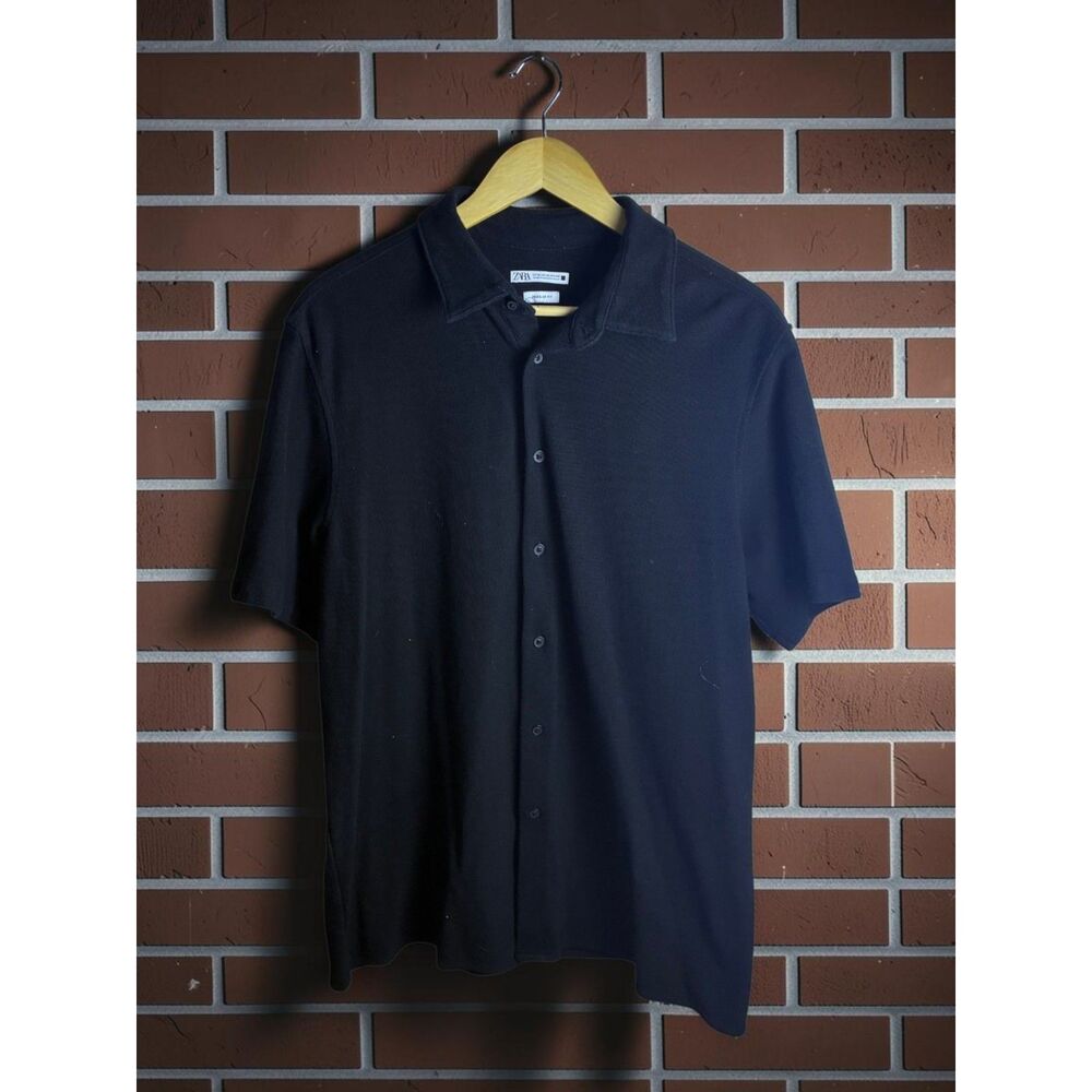 Zara Regular Fit Knit Button Up Shirt Men's XL Black Short Sleeve Casual
